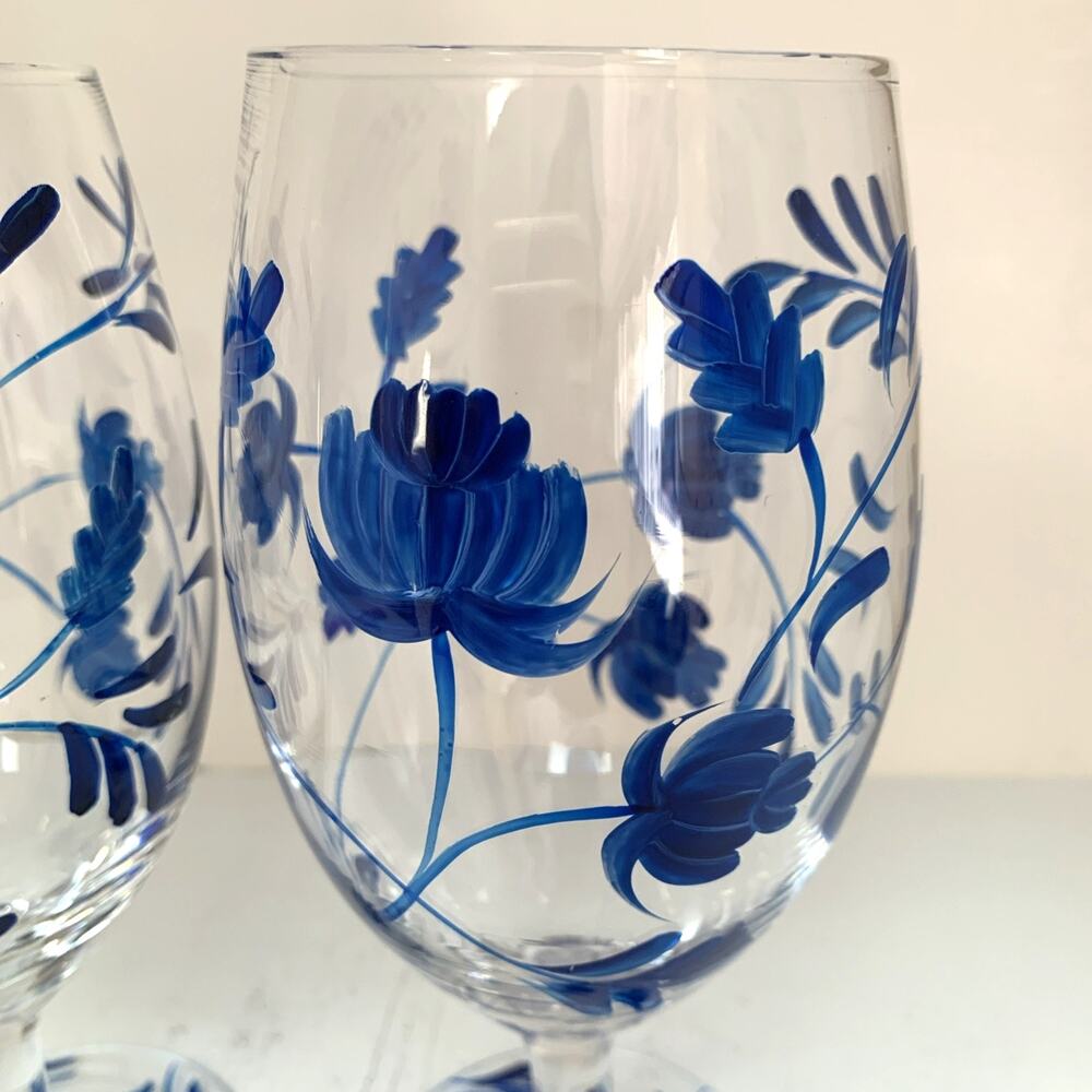 Set Of 2 Hand Painted Cobalt Blue Mattanah Floral Clear Glass Water Goblets 7” - Picture 2 of 3